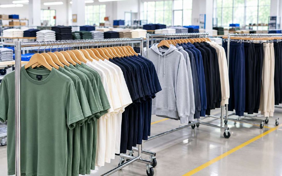 Finished garments on rolling racks after pressing