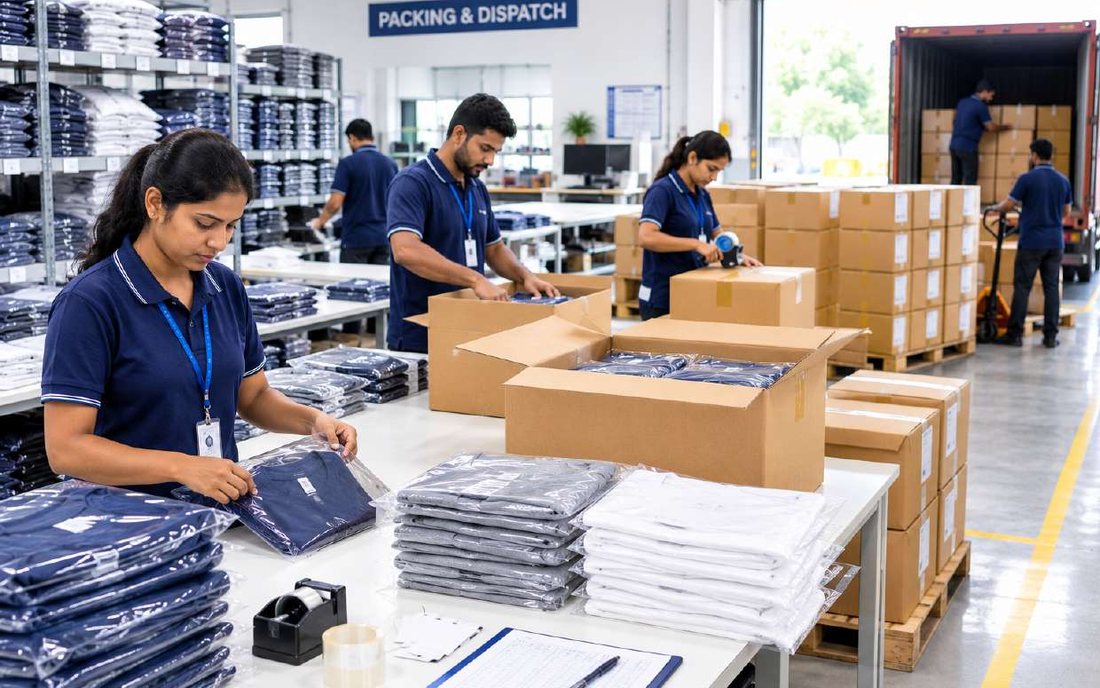 Garments polybagged and cartoned for dispatch
